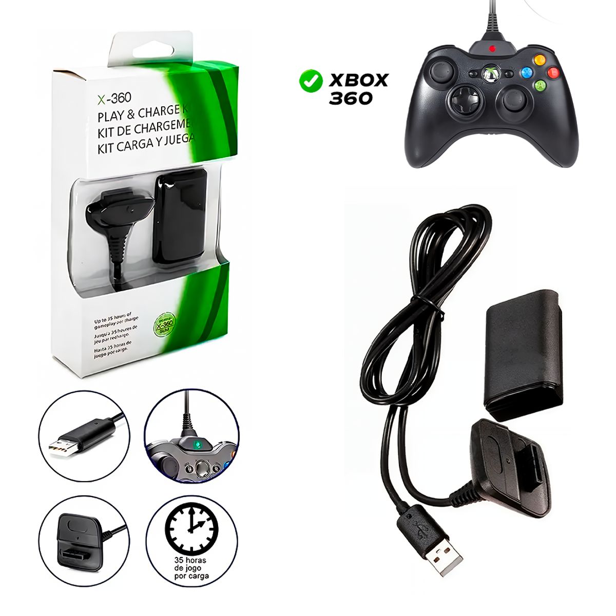 GENERICO - Batería Recargable de Mando Xbox 360 + Cable conectar a la Consola