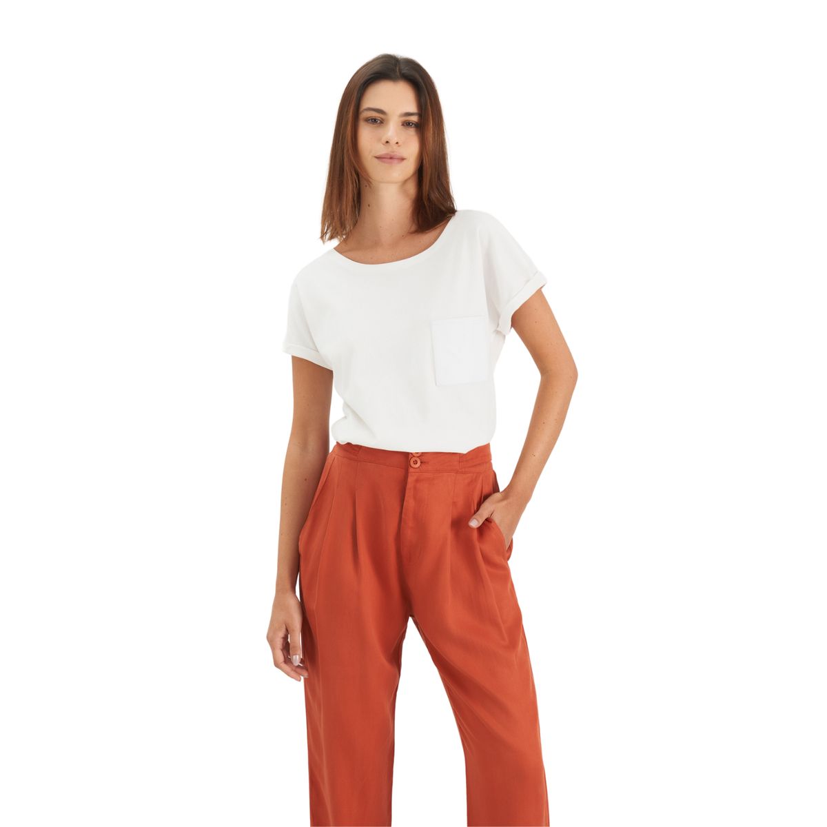 VELEZ - Vélez Camiseta Manga Corta Para Mujer Bolsillo Cuero Blanco