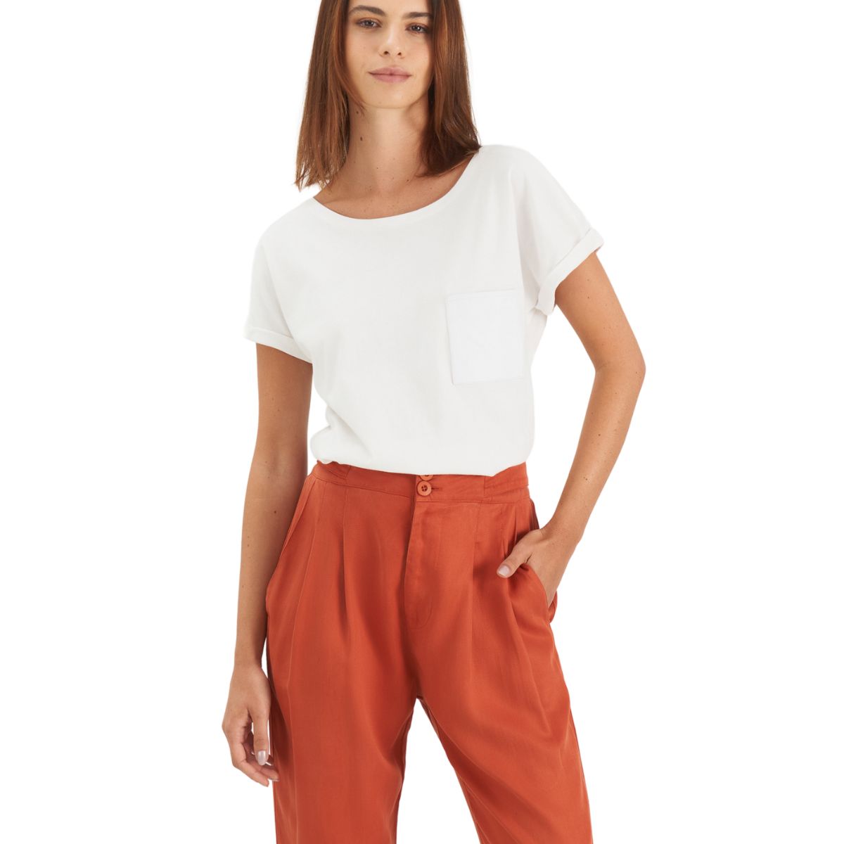 VELEZ - Vélez Camiseta Manga Corta Para Mujer Bolsillo Cuero Blanco