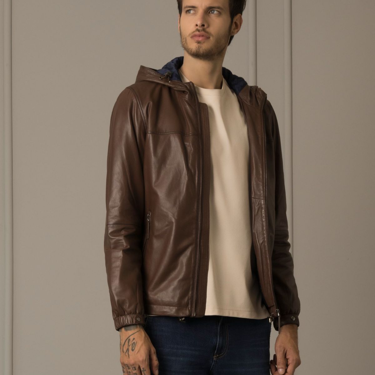 VELEZ - Vélez Casaca Sporty Humanista Cuero Hombre Capucha Fija Café