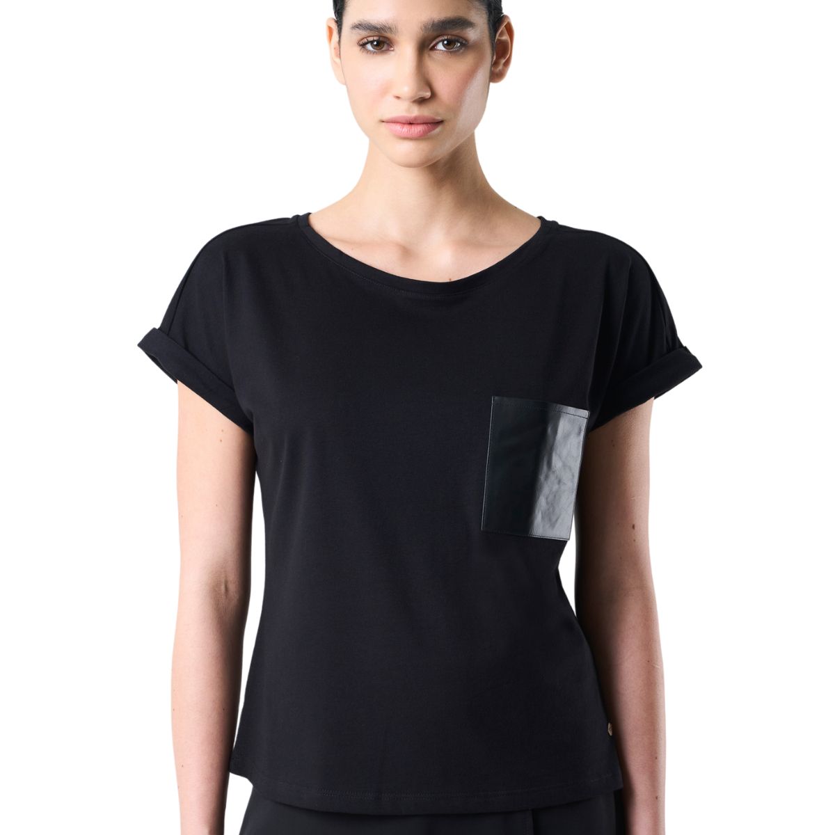 VELEZ - Vélez Camiseta Manga Corta Para Mujer Bolsillo Cuero Negro