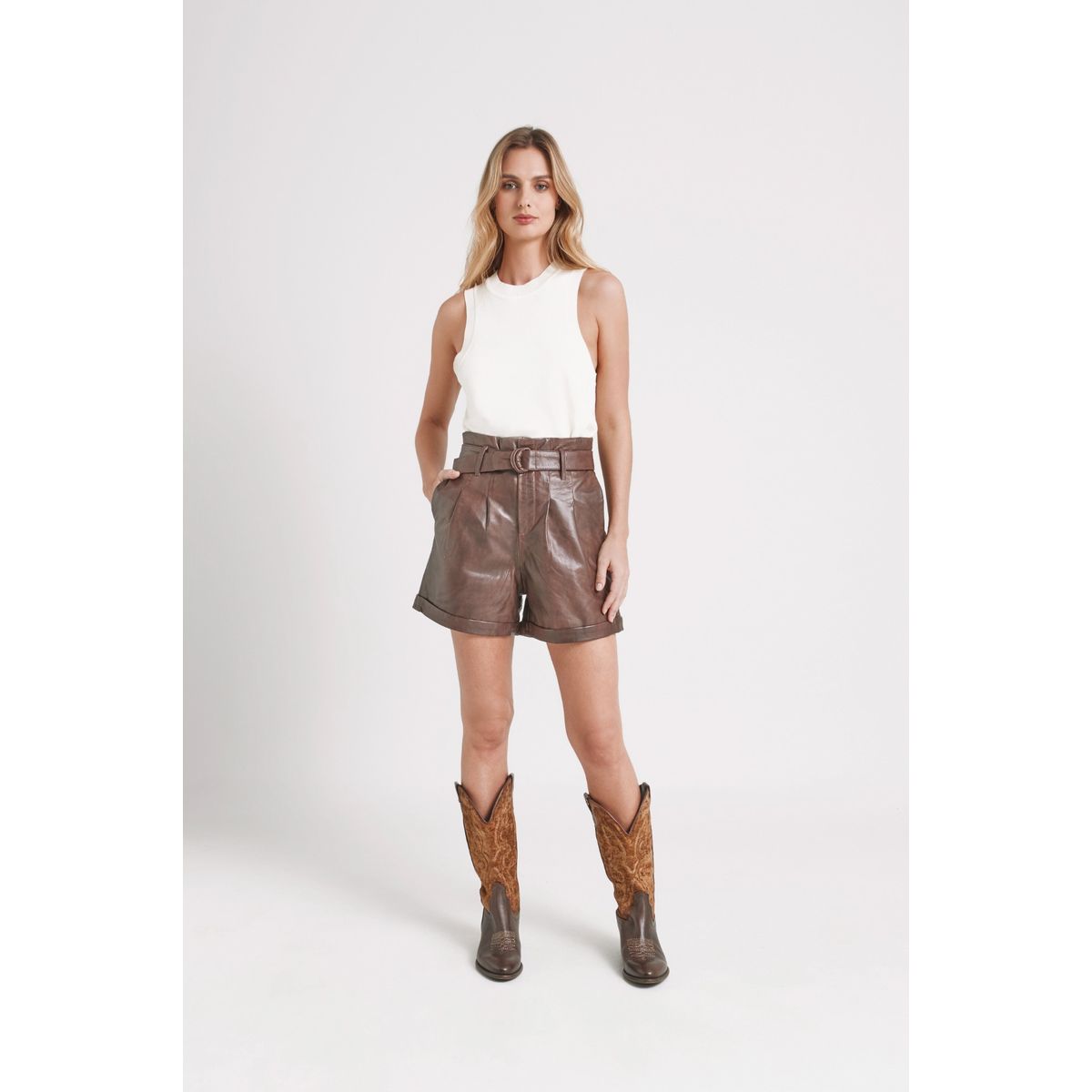 VELEZ - Vélez Short Trébol De Cuero Mujer Correa Con Hebilla Café