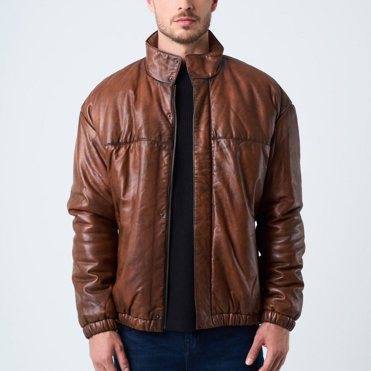 VELEZ - Vélez Casaca Cuero Bomber Calafate Hombre Abullonada Brandy