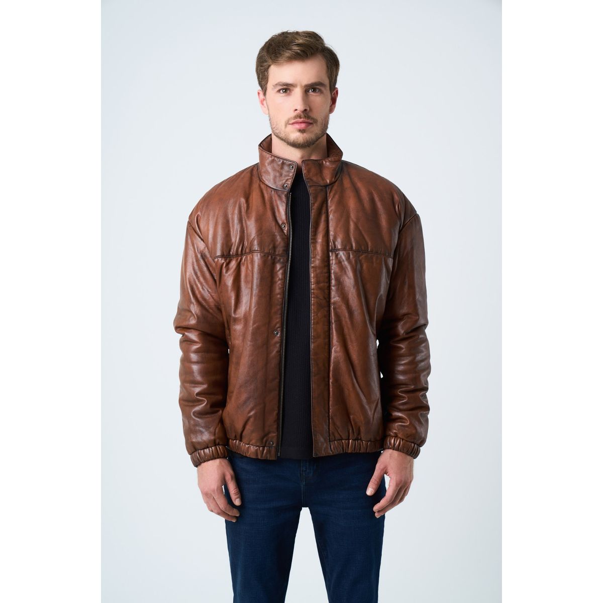VELEZ - Vélez Casaca Cuero Bomber Calafate Hombre Abullonada Brandy