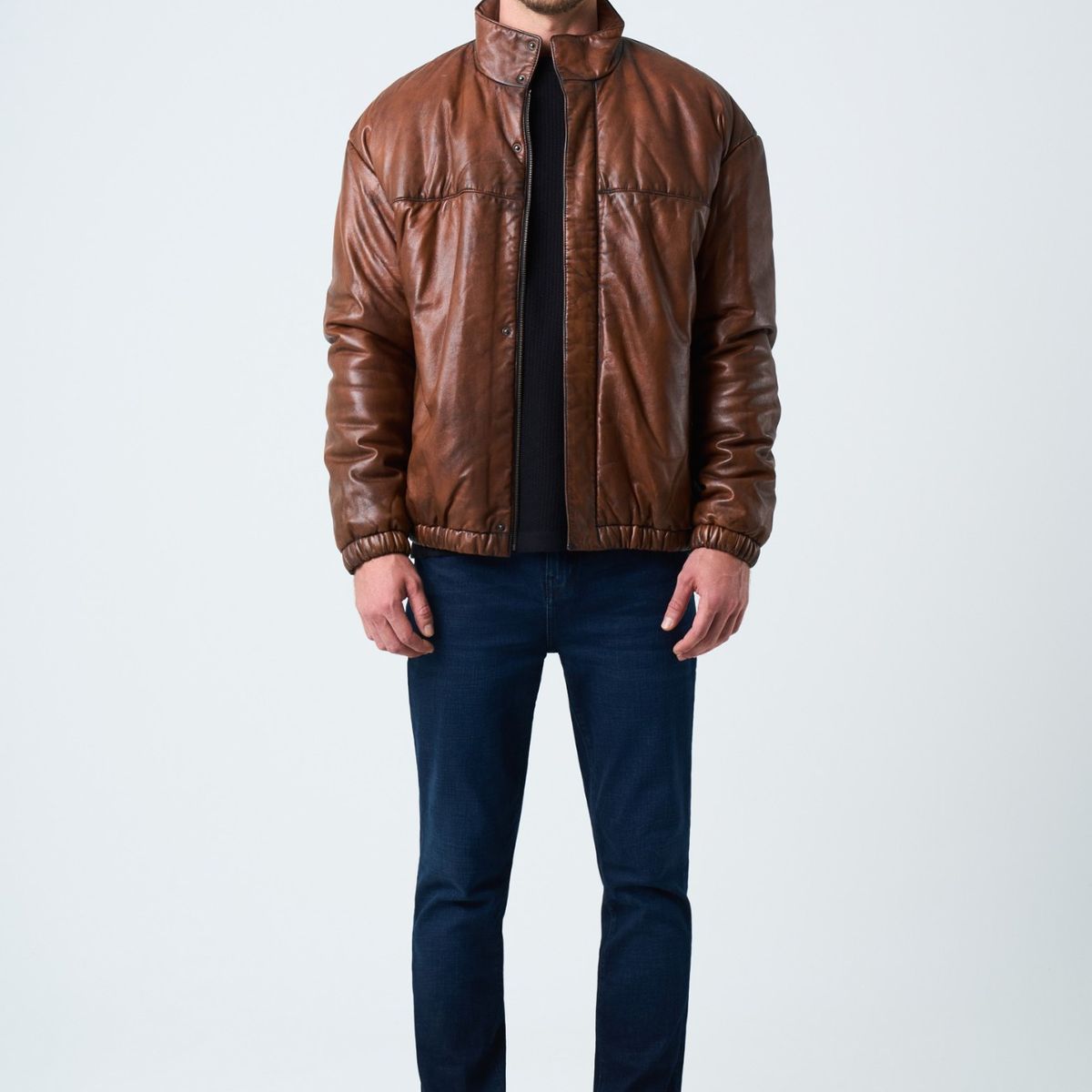 VELEZ - Vélez Casaca Cuero Bomber Calafate Hombre Abullonada Brandy