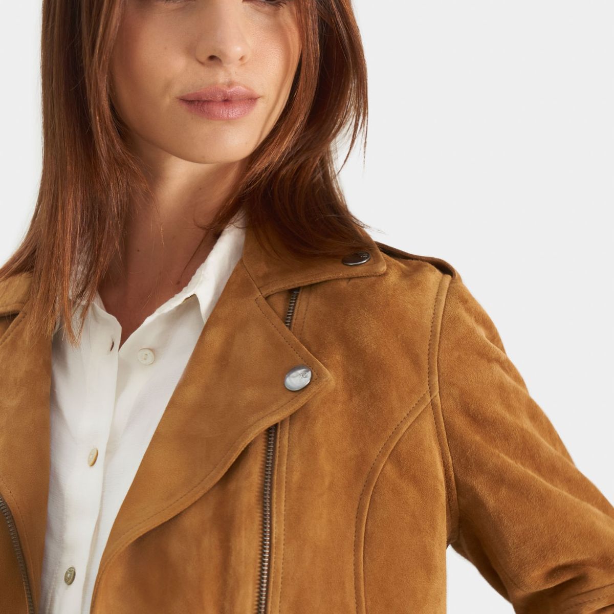 VELEZ - Vélez Casaca Biker En Cuero Gamuza Mujer Fit Ajustado Miel