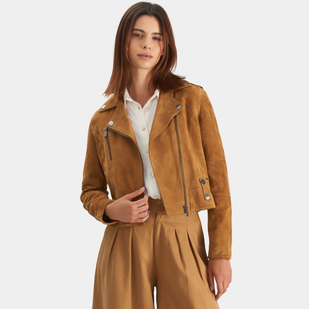 VELEZ - Vélez Casaca Biker En Cuero Gamuza Mujer Fit Ajustado Miel