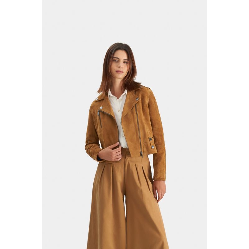 VELEZ - Vélez Casaca Biker En Cuero Gamuza Mujer Fit Ajustado Miel