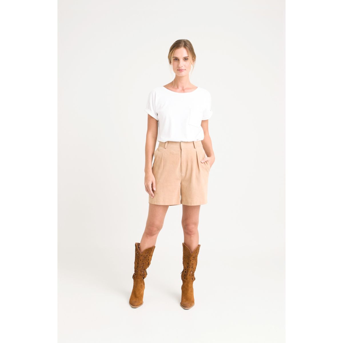 VELEZ - Vélez Short Ciboria De Cuero Gamuza Mujer Tiro Alto Arena