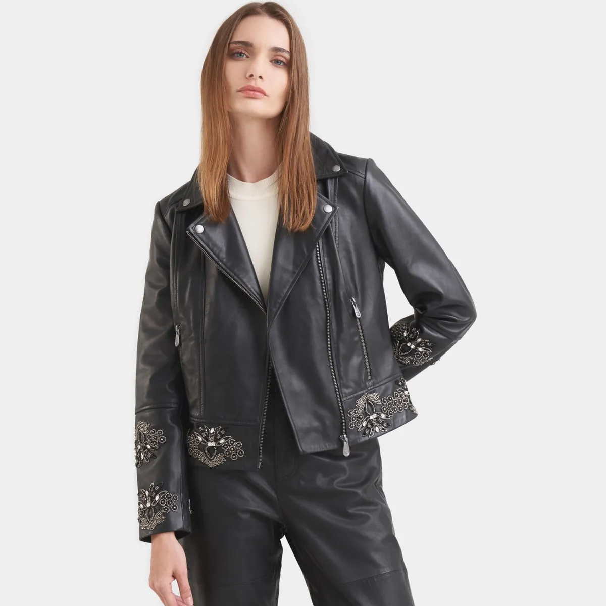 VELEZ - Vélez Biker Iris Cuero Mujer Detalles Bordados  Negro