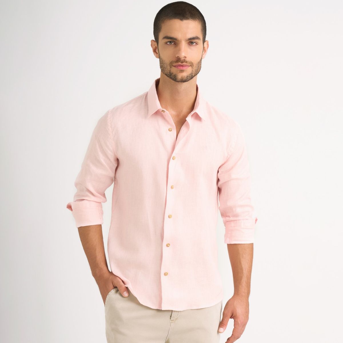 VELEZ - Vélez Camisa Manga Larga Lino Hombre SemiFit Rosado