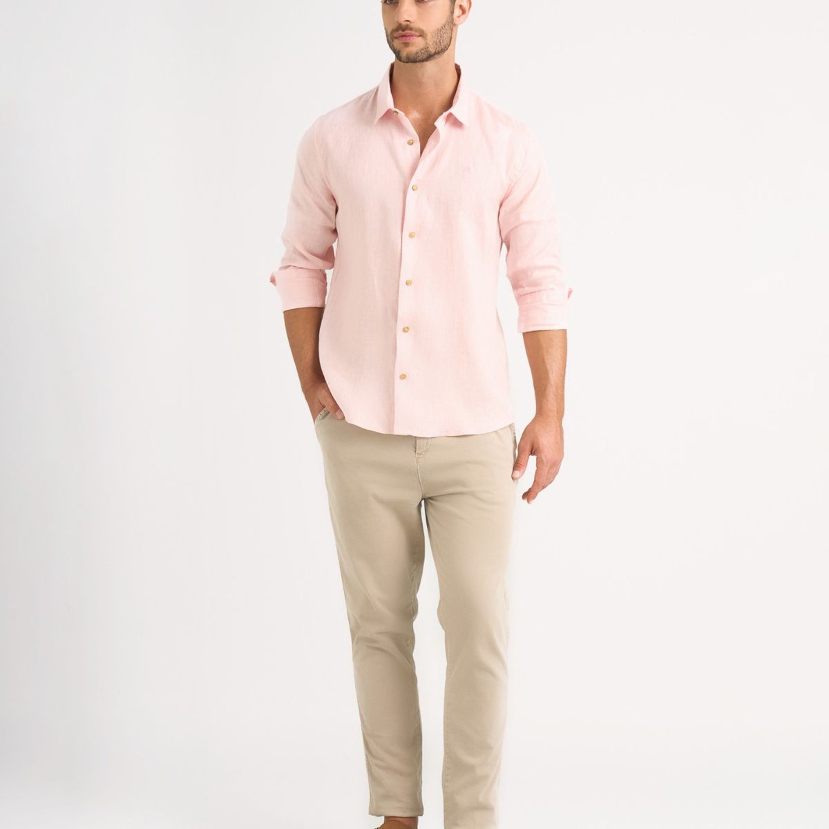 VELEZ - Vélez Camisa Manga Larga Lino Hombre SemiFit Rosado