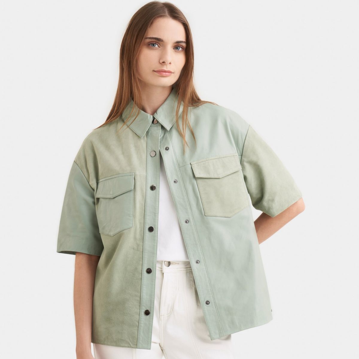 VELEZ - Vélez Camisa Samur Cuero Gamuza Oversized Agua Marina