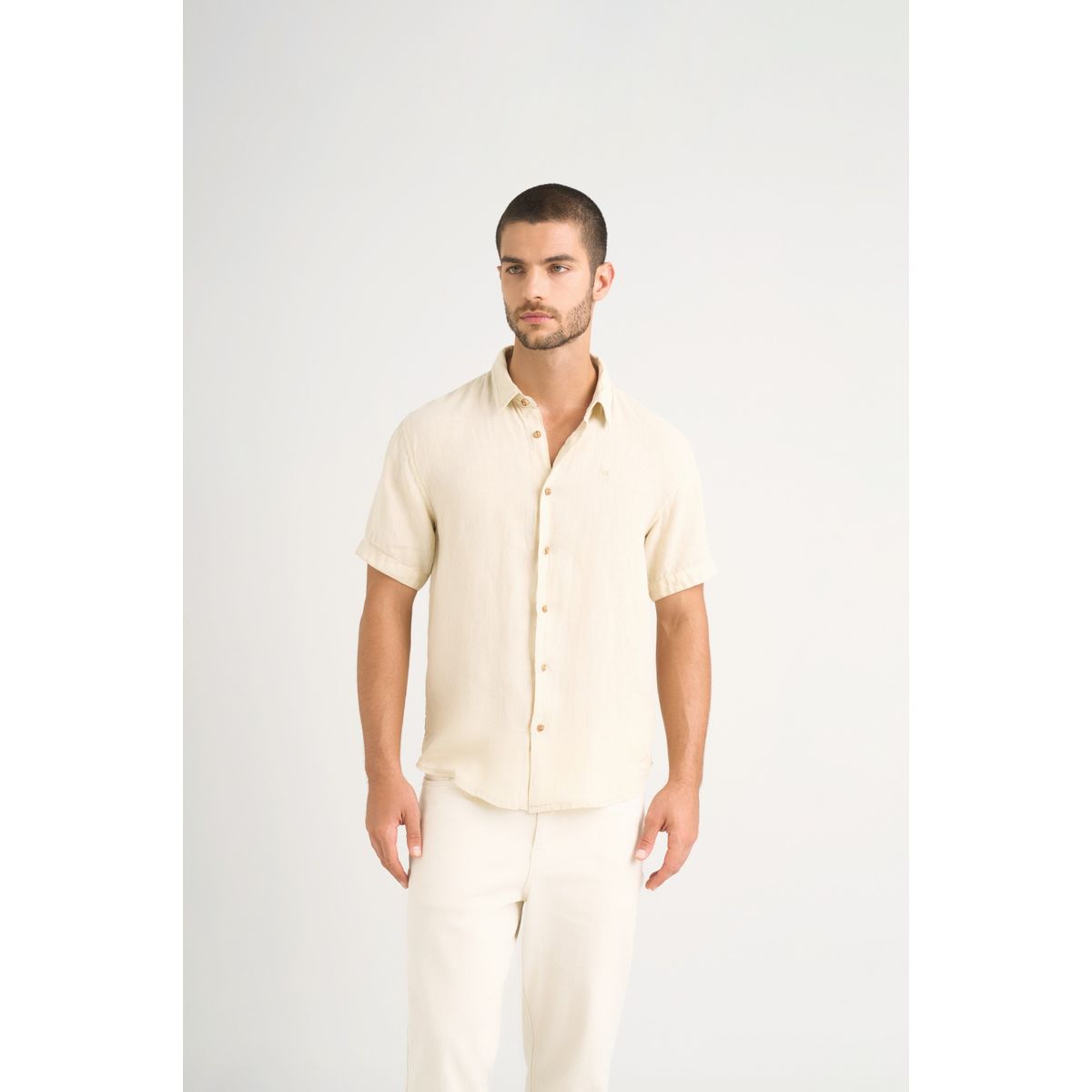 VELEZ - Vélez Camisa Manga Corta Lino Para Hombre Bordado Vz Arena