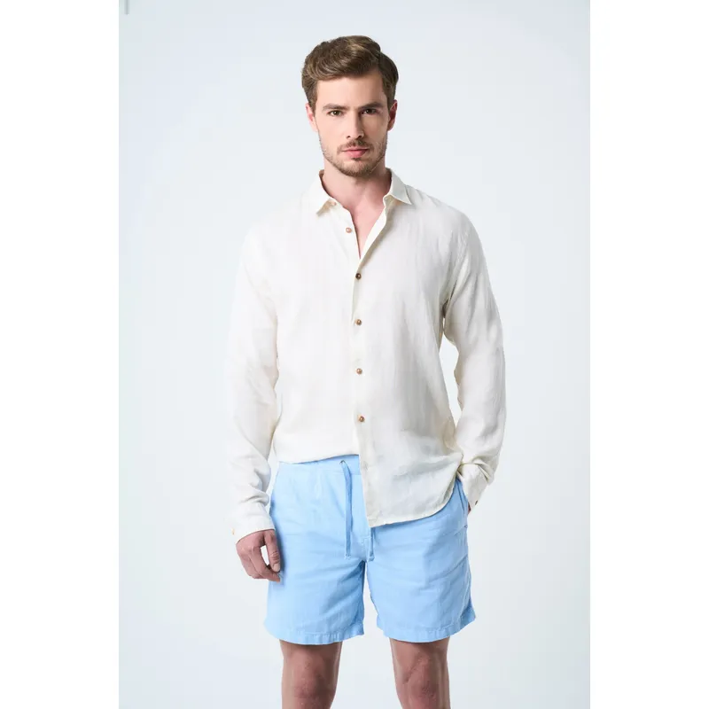 VELEZ - Vélez Bermuda Marfil Lino Hombre Silueta Amplia Azul Claro