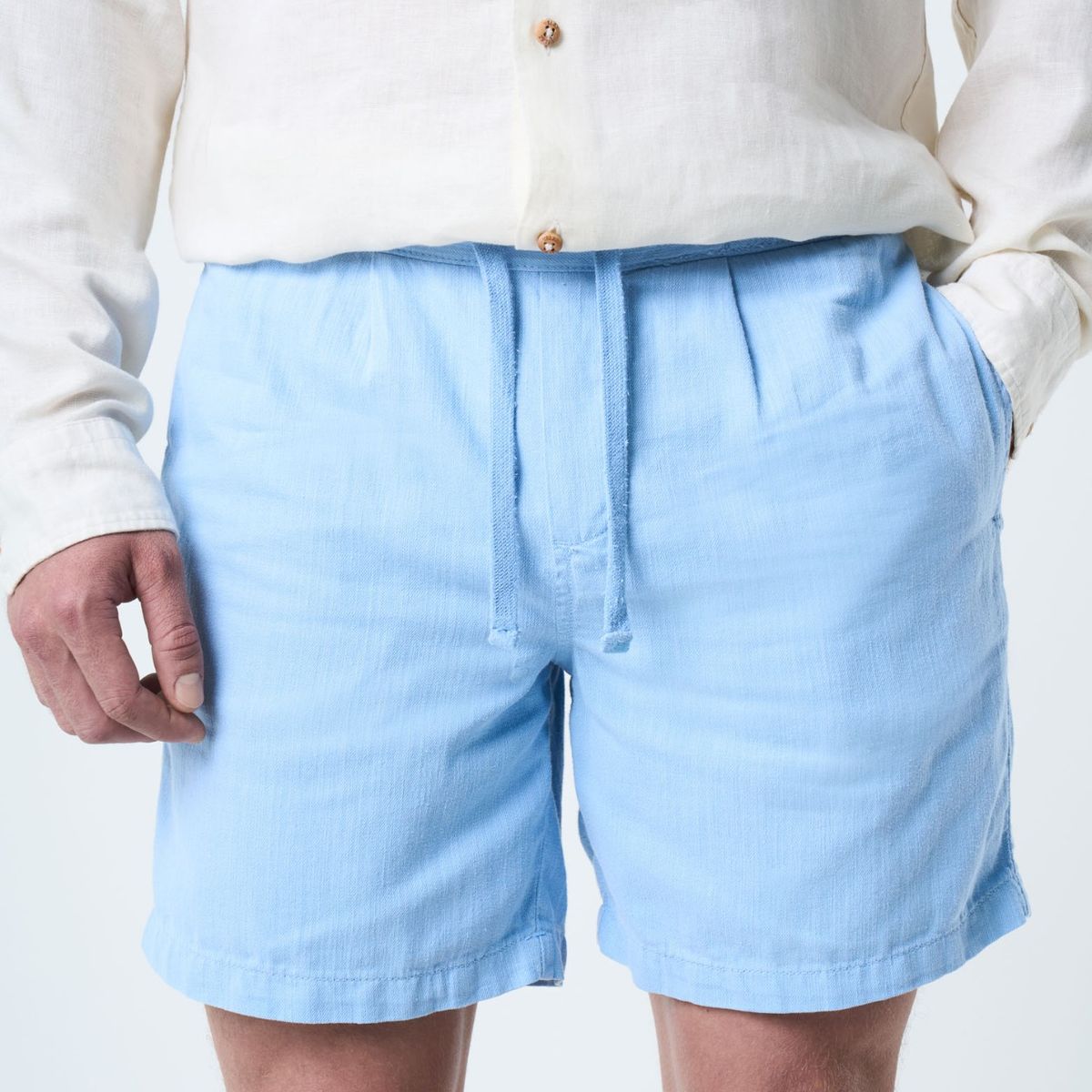 VELEZ - Vélez Bermuda Marfil Lino Hombre Silueta Amplia Azul Claro