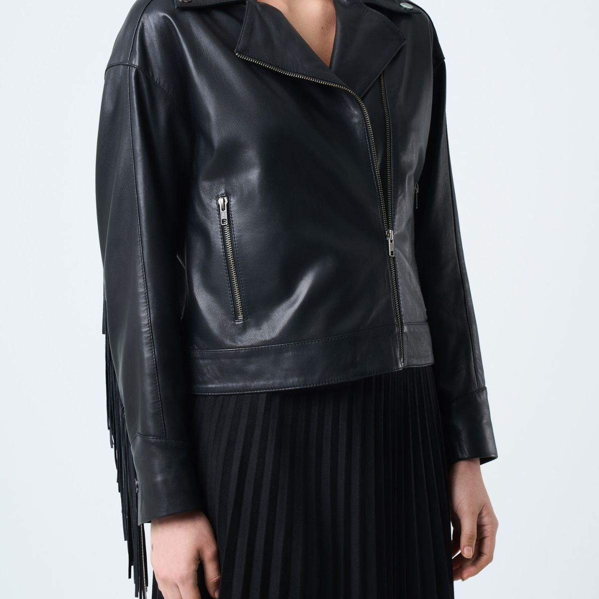 VELEZ - Vélez Casaca Lyra De Cuero Para Mujer Biker Flecos Negro