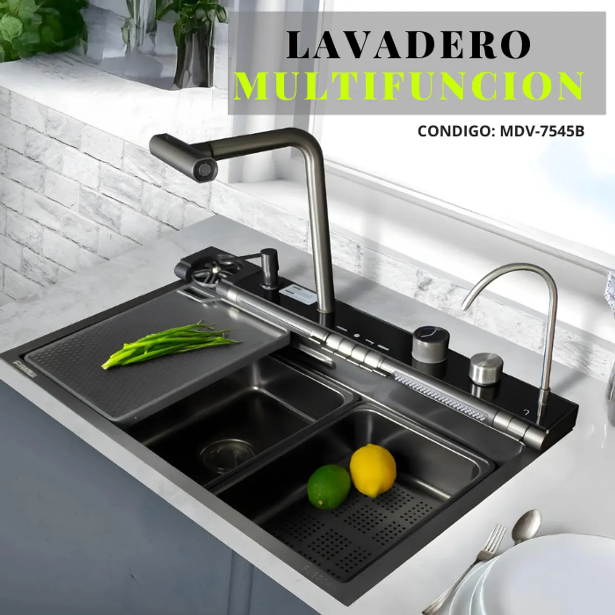 FRATELLI - LAVADERO MULTIFUNCIONAL 5 FUNCIONES  DE ACERO INOX NEGRO MDV-7545B