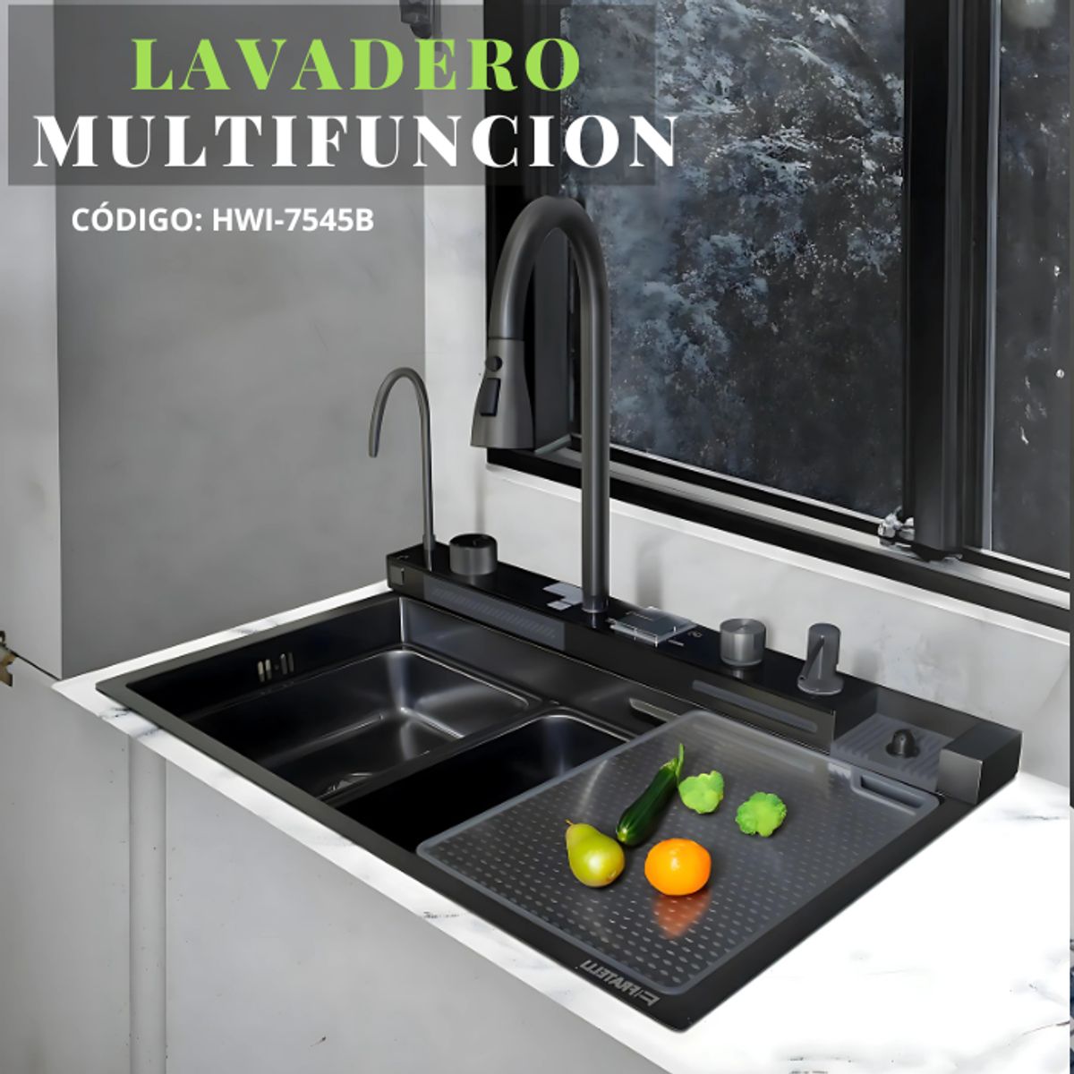FRATELLI - LAVADERO MULTIFUNCIONAL 5 FUNCIONES  DE ACERO INOX NEGRO HWI-7545B