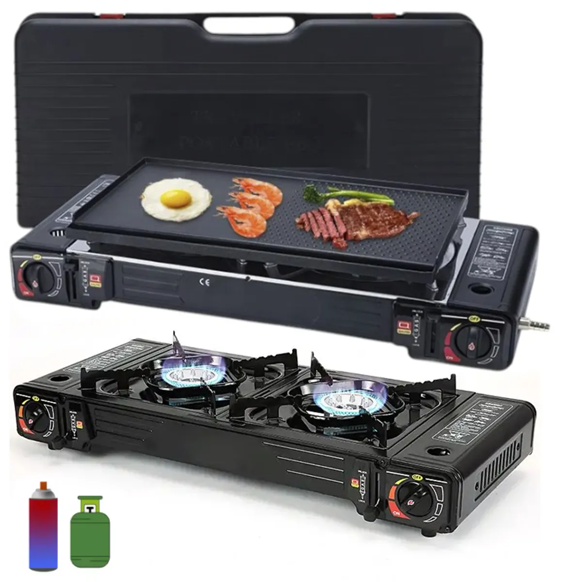 SANTOFA ELECTRONICS - cocina a gas portatil 2 hornillas 2 en 1 con parrilla Camp