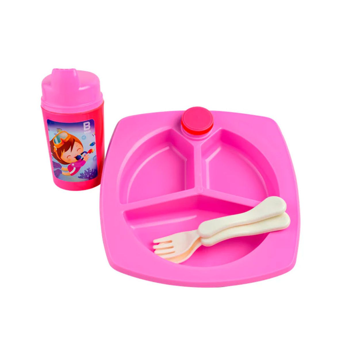 BASA - Vajilla Bebe termica Basa Pdivision+Vaso+Cubierto Rosado