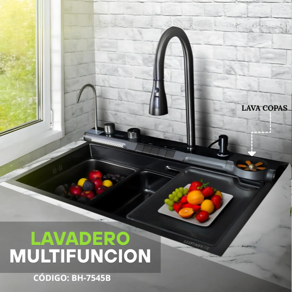 FRATELLI - LAVADERO MULTIFUNCIONAL 5 FUNCIONES  DE ACERO INOX NEGRO BH-7545B