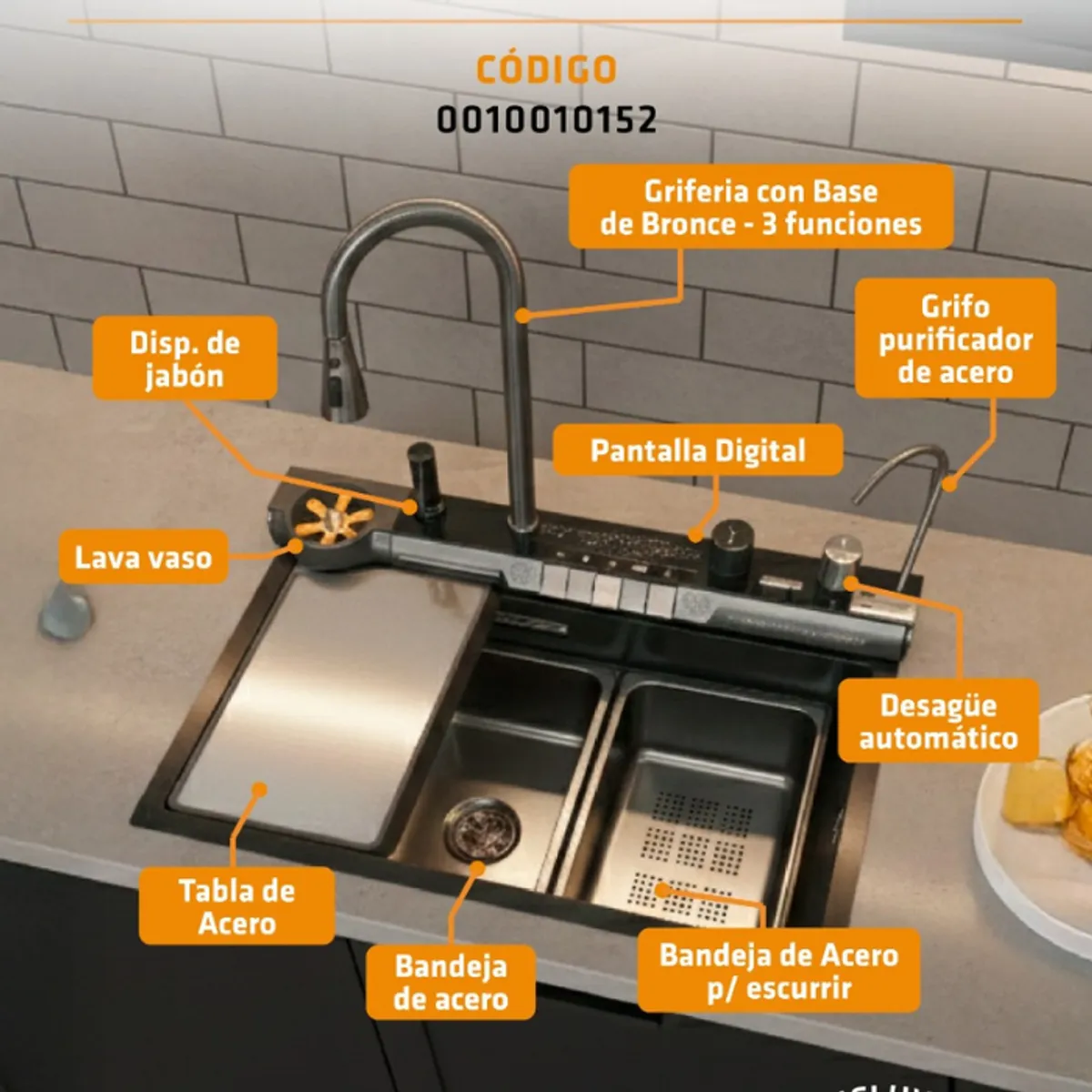 FRATELLI - LAVADERO MULTIFUNCIONAL 5 FUNCIONES  DE ACERO INOX NEGRO BH-7545B