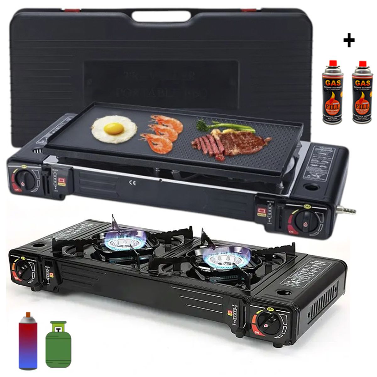 SANTOFA ELECTRONICS - cocina a gas portatil 2 hornillas 2 en 1 con parrilla + gas