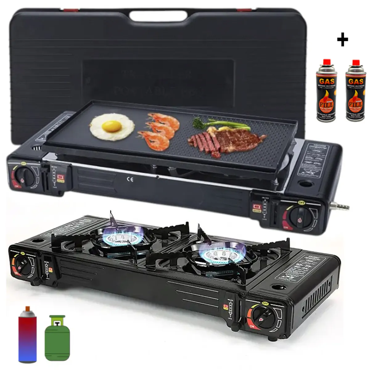 SANTOFA ELECTRONICS - cocina a gas portatil 2 hornillas 2 en 1 con parrilla + gas