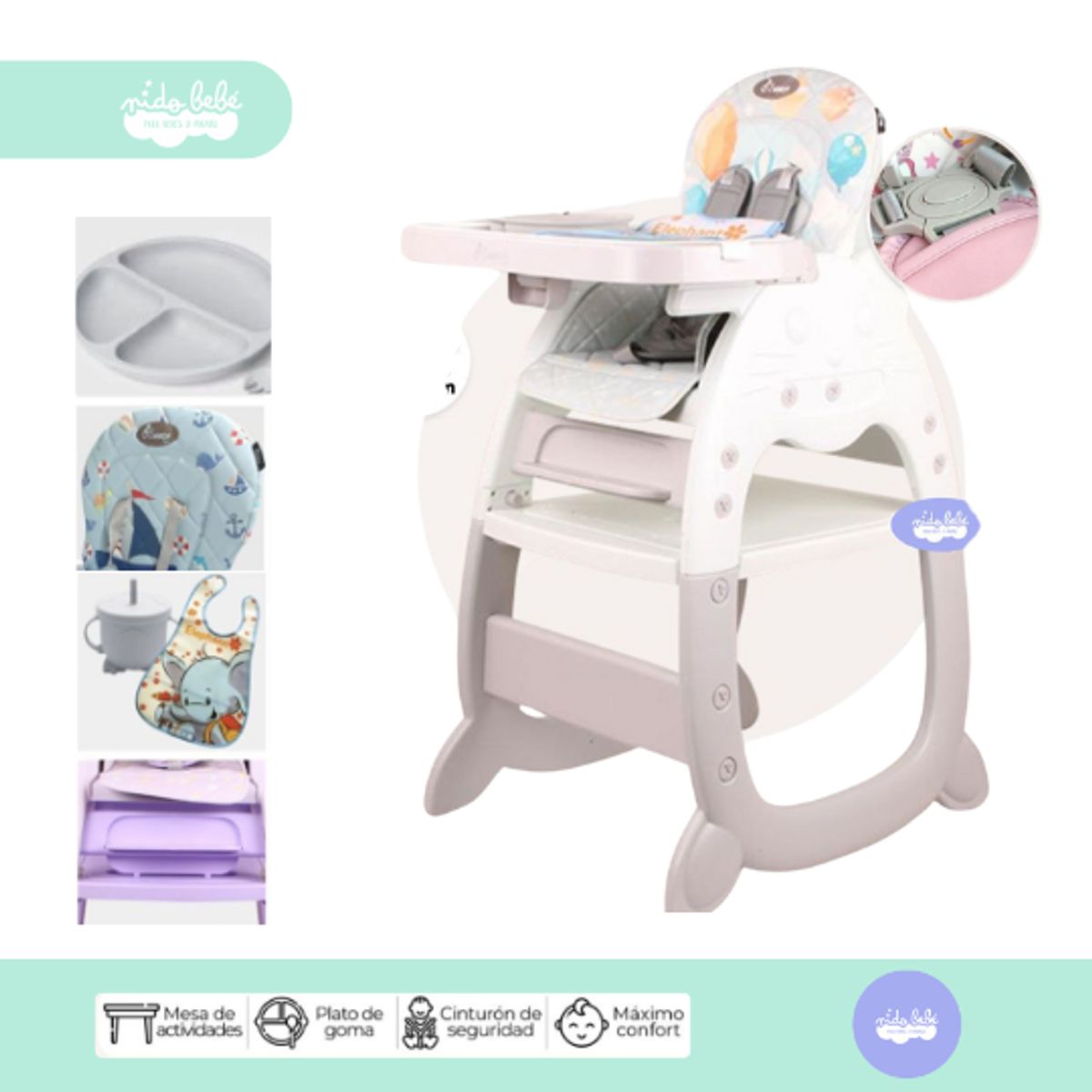 GENERICO - Silla De Comer bebé 2 en 1 con set de alimentación plomo