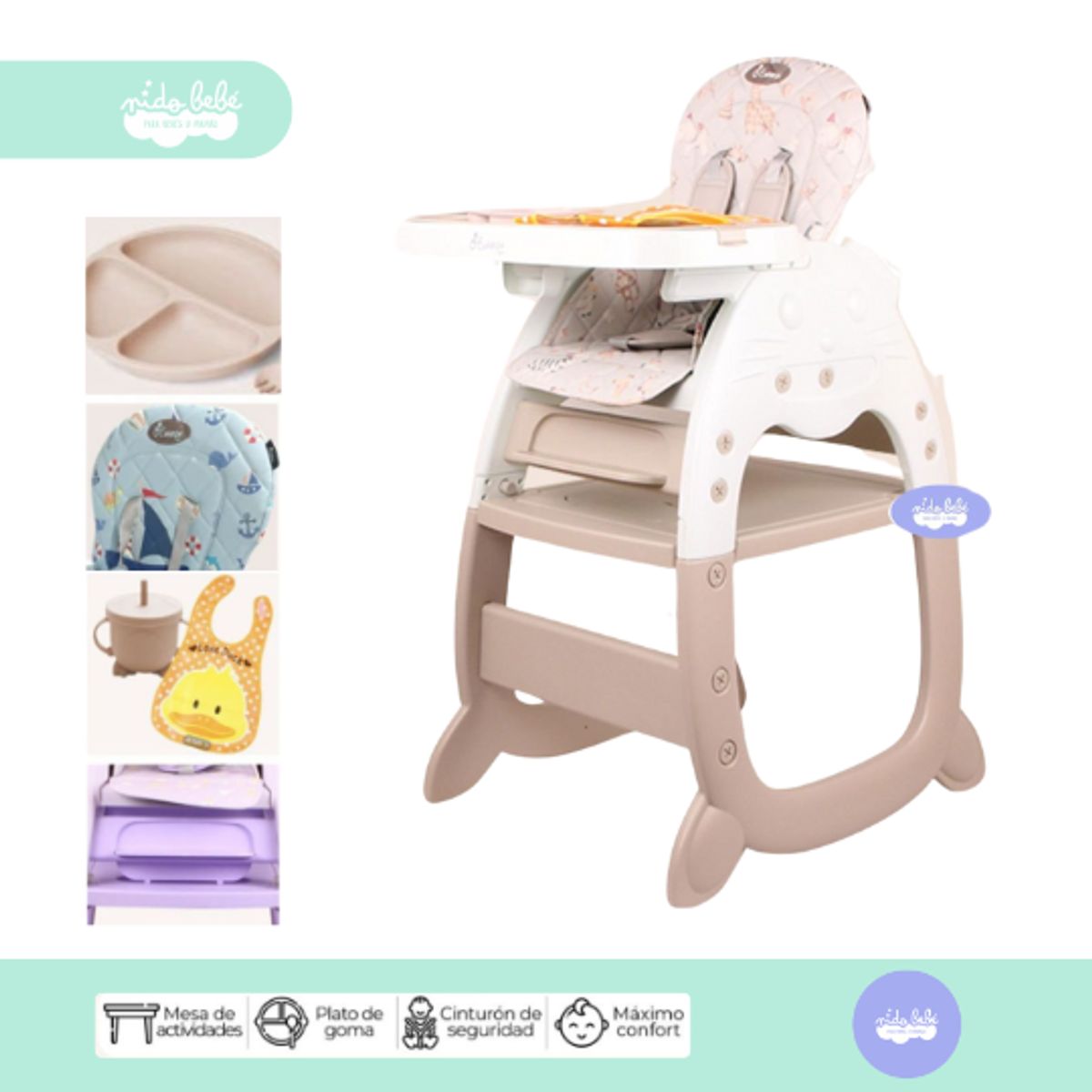 GENERICO - Silla De Comer bebé 2 en 1 con set de alimentación beige