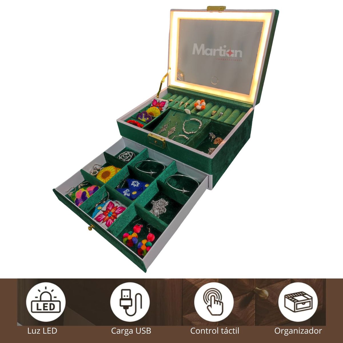 GENERICO - Joyero organizador con Espejo Led Verde