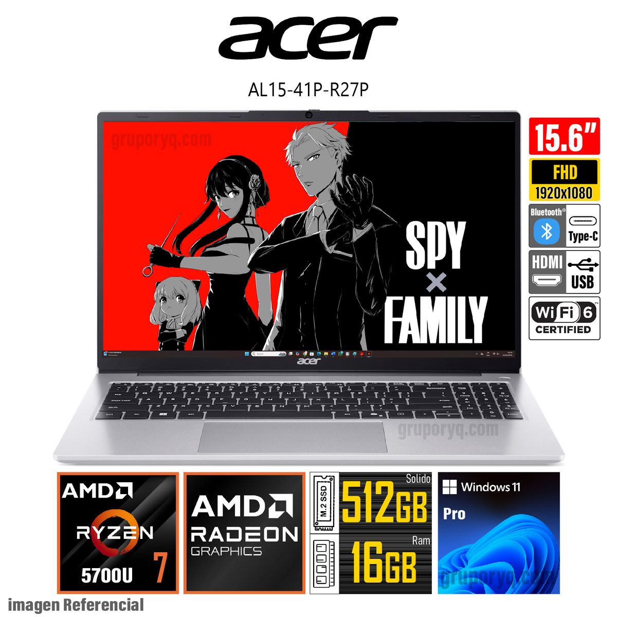 ACER - Laptop ACER ASPIRE  AL15-41P-R27P Ryzen 7 5700U 156 FHD 16GB RAM 512GB SSD + Kit Proteccion