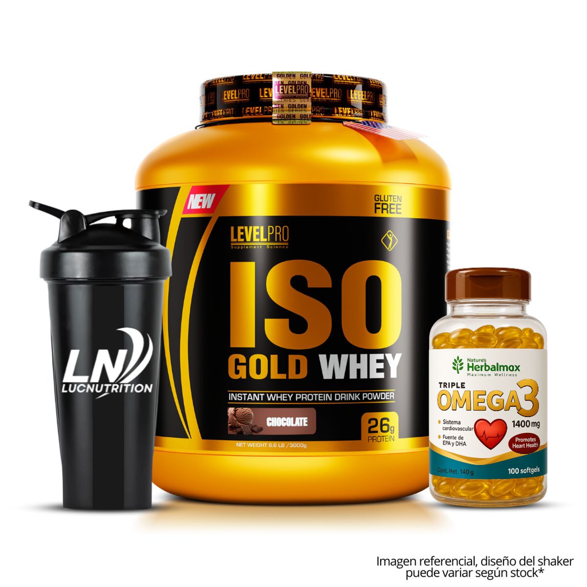 LEVEL PRO - Iso Gold Whey 3 kg chocolate + omega 3 herbalmax 100 capsulas + shaker