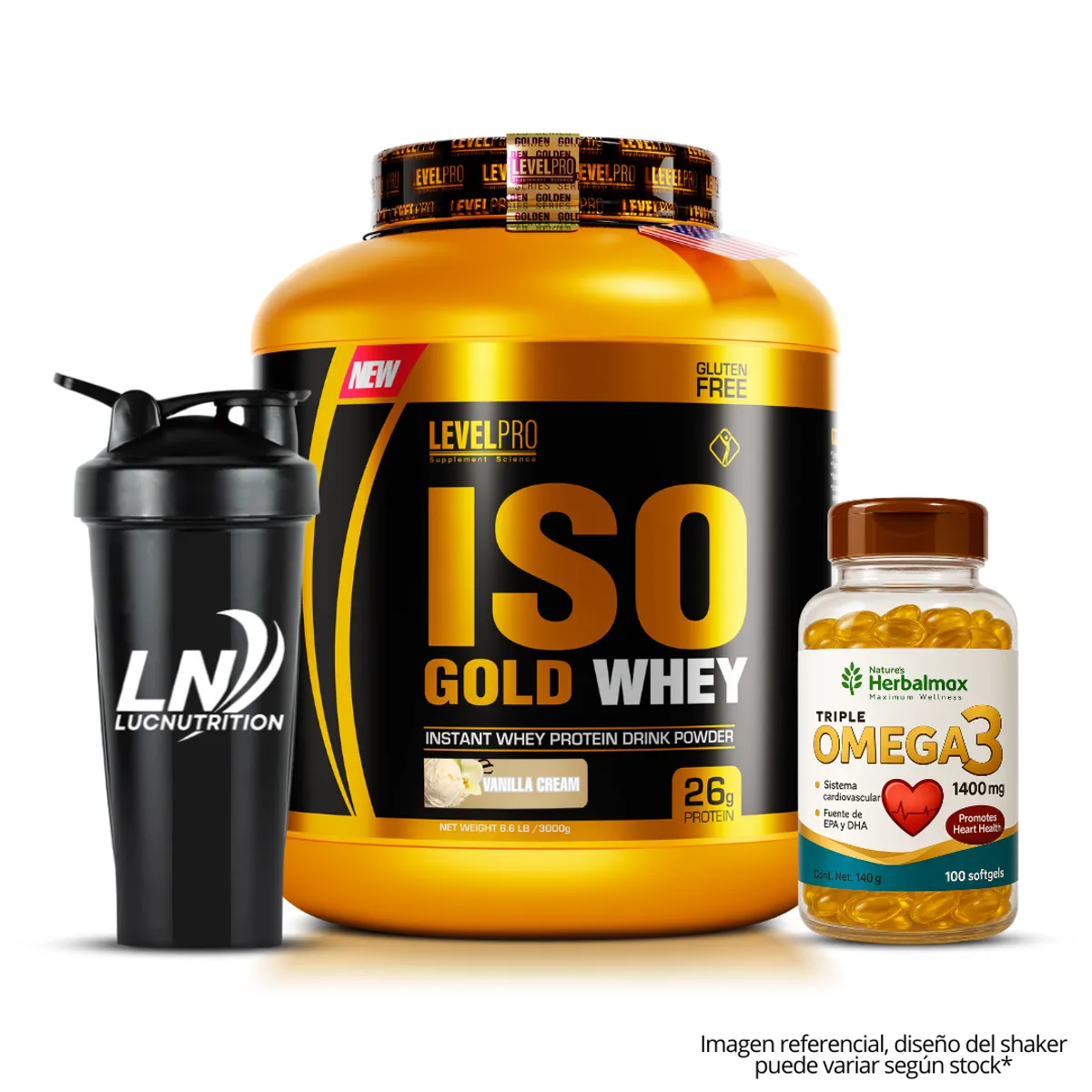 LEVEL PRO - Iso Gold Whey 3 kg vainilla + omega 3 herbalmax 100 capsulas +shaker