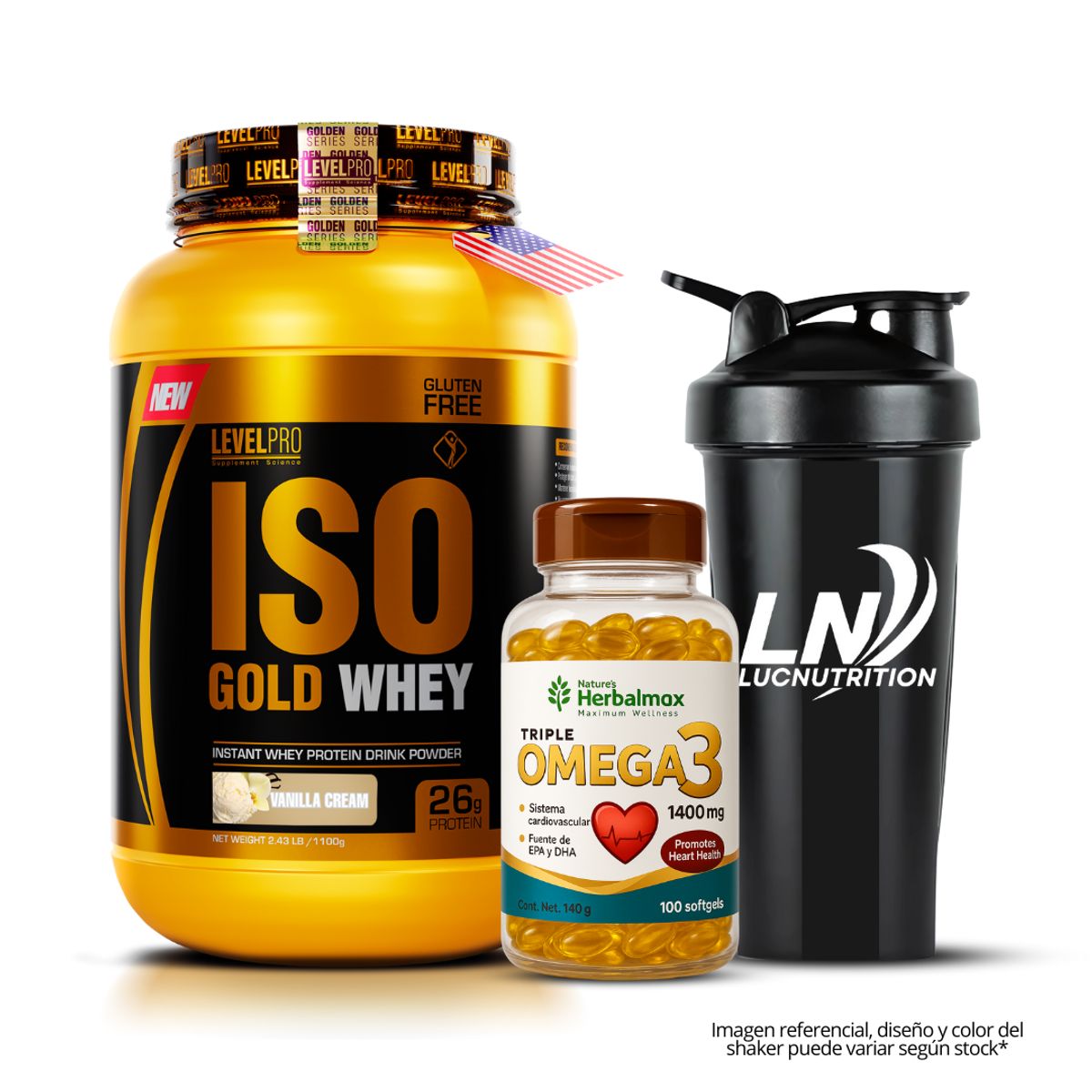 LEVEL PRO - Iso Gold Whey 1.1 kg vainilla + omega 3 herbalmax 100 capsulas + shaker