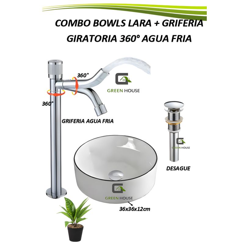 GREEN HOUSE - COMBO BOWLS LARA + GRIFERIA  GIRATORIA 360°  AGUA FRIA CROMADO