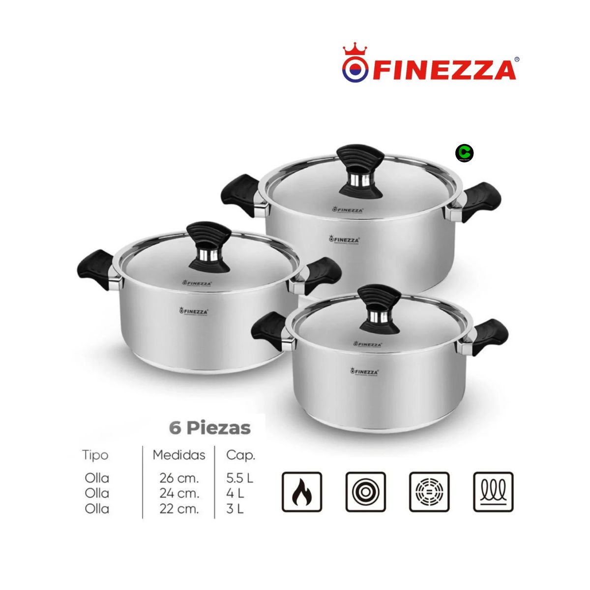 FINEZZA - Juego de ollas de acero inoxidable FZ-1042TS-IN FINEZZA 6 PZAS