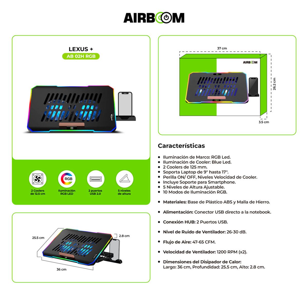 AIRBOOM - LEXUS+ AB02H BASE CON COOLER MARCO RGB 2FAN 125CM AIRBOOM