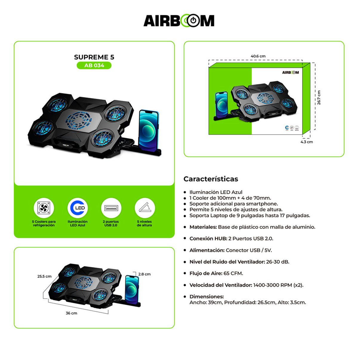 AIRBOOM - SUPREME5 AB034 BASE CON COOLER 4FAN 7CM + 1FAN 10CM AIRBOOM