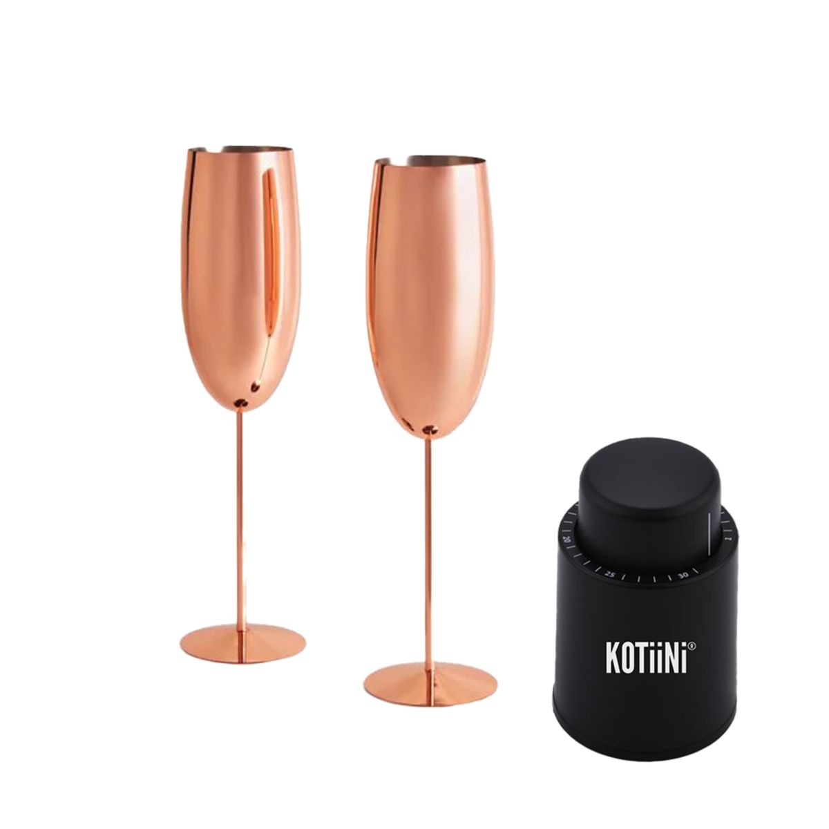 KOTIINI - Set 2 copas champán acero 250ml oro rosa + Tapón conservador de vino