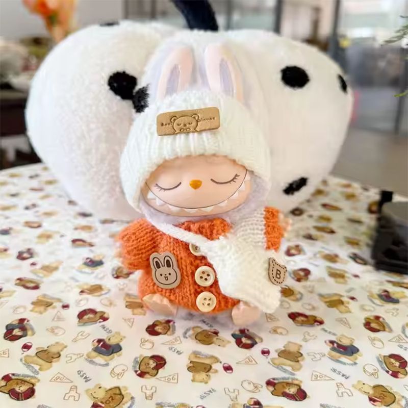 DISEÑO ORIGINAL - Ropa Labubu Chompa Lana Anaranjado con Gorro y Cartera