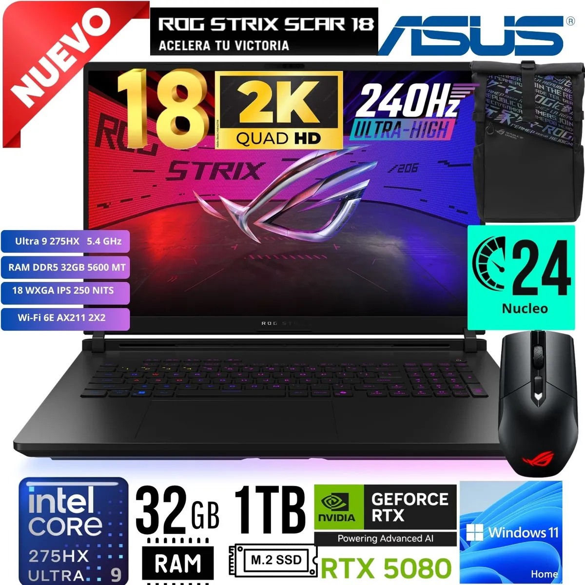 ASUS - LAPTOP Asus ROG SCAR 18 G835LW-SA152W 18" Ultra 9 275HX 32GB 1TB RTX 508016GB W11