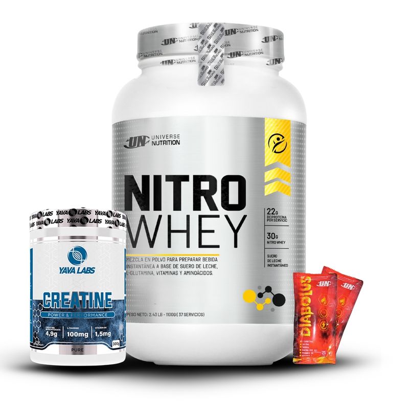 UNIVERSE NUTRITION - Nitro Whey de 1.1 kg Vainilla+Creatina Yava Labs 300Gr+2 Diabolus