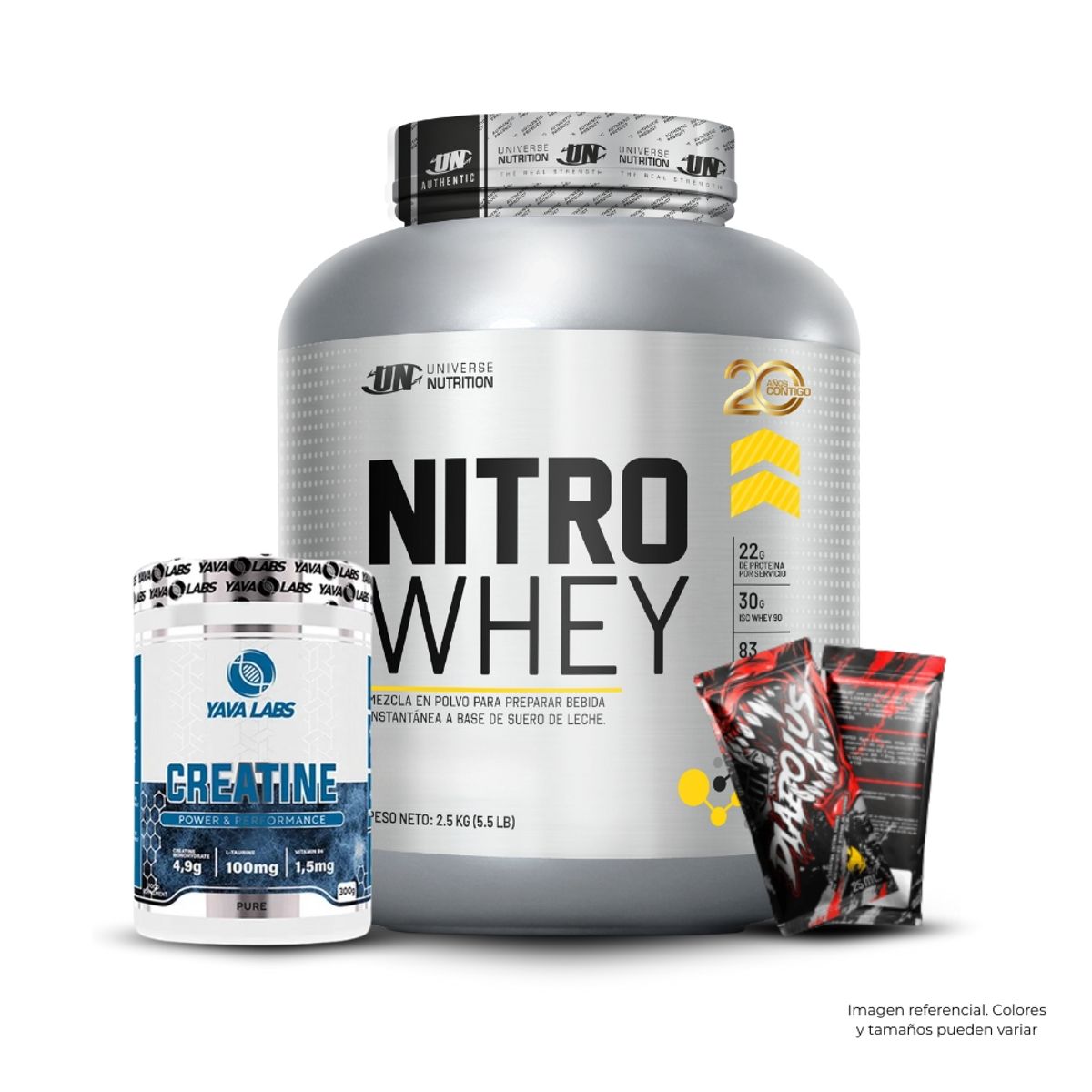 UNIVERSE NUTRITION - Nitro Whey 2.5 kg Vainilla+Creatina Yava Labs 300Gr+2 Diabolus
