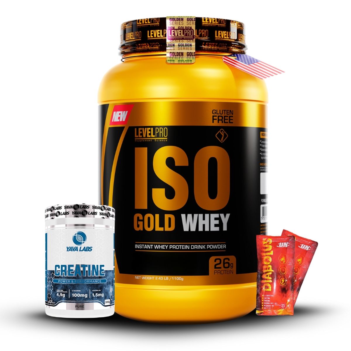 LEVEL PRO - Iso Gold Whey de 1kg Chocolate+Creatina Yava Labs 300Gr+2 Diabolus