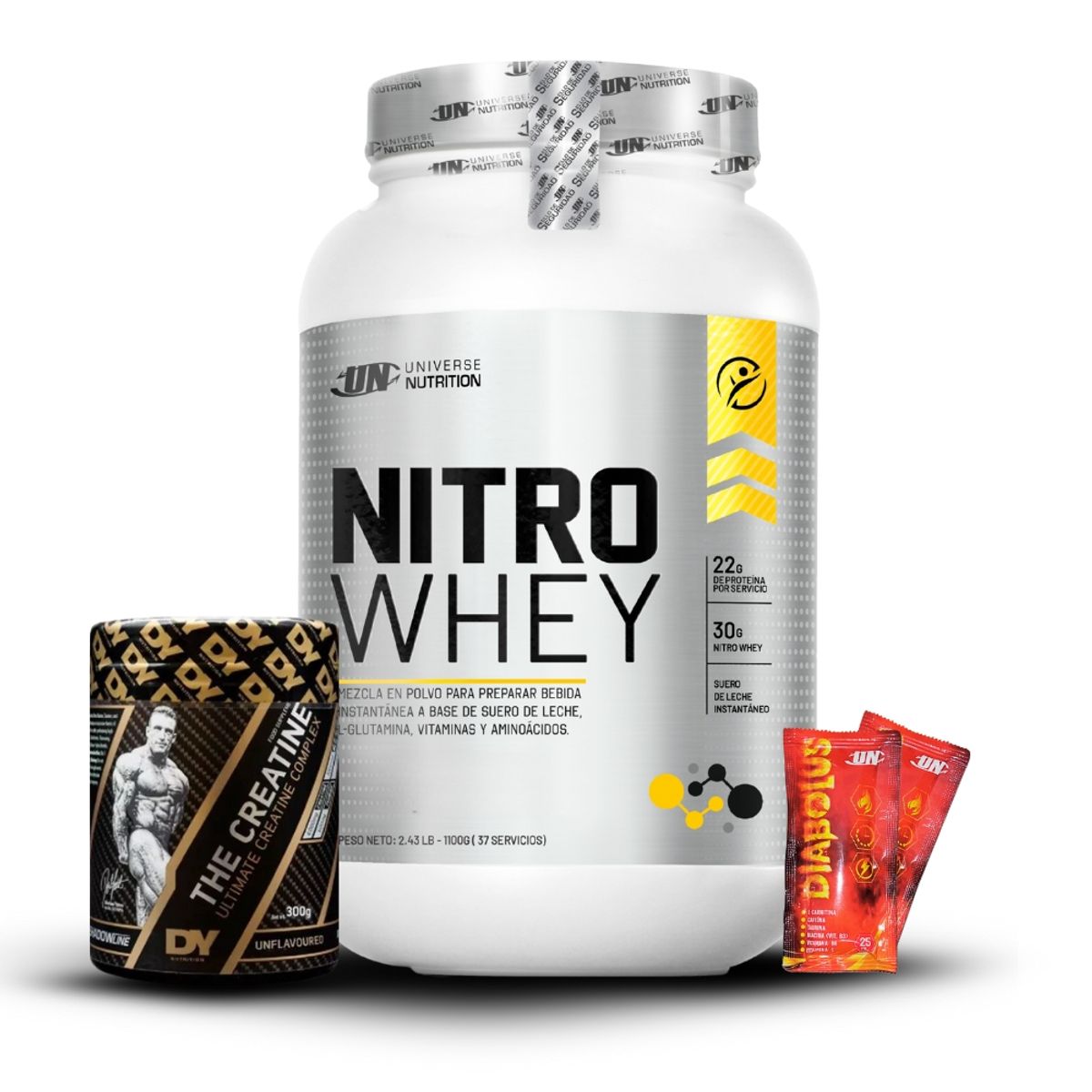 UNIVERSE NUTRITION - Nitro Whey de 1.1 kg Chocolate+Creatina Dorian Yates 300Gr+2 Diabolus