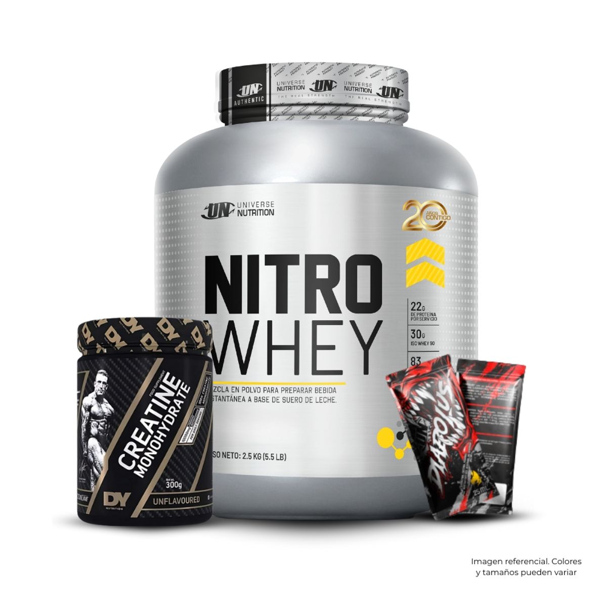 UNIVERSE NUTRITION - Nitro Whey 2.5 kg Vainilla+Creatina Dorian Yates 300Gr+2 Diabolus