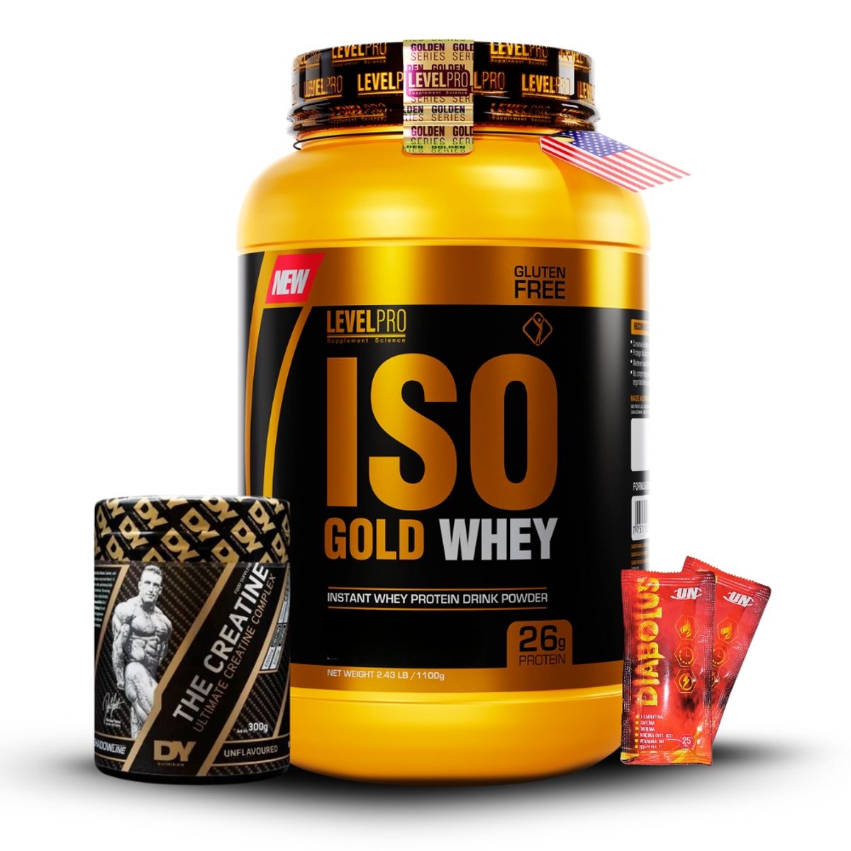 LEVEL PRO - Iso Gold Whey de 1kg Chocolate+Creatina Dorian Yates 300Gr+2 Diabolus