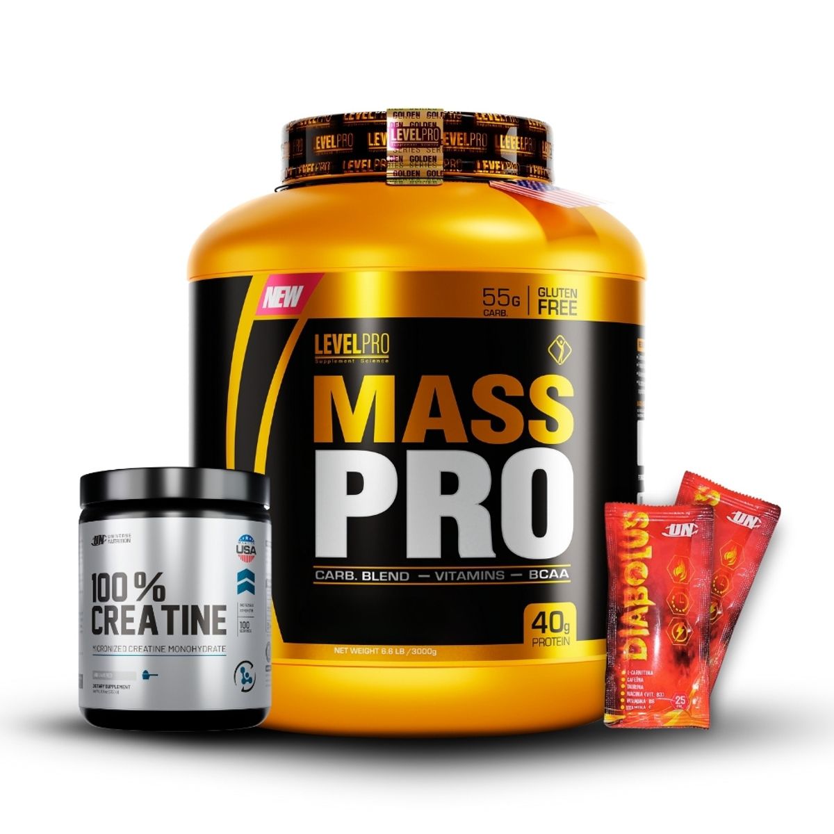 LEVEL PRO - Proteína Mass Pro 3kg Vainilla+Creatina Universe Nutrition 250Gr+2 Diabolus